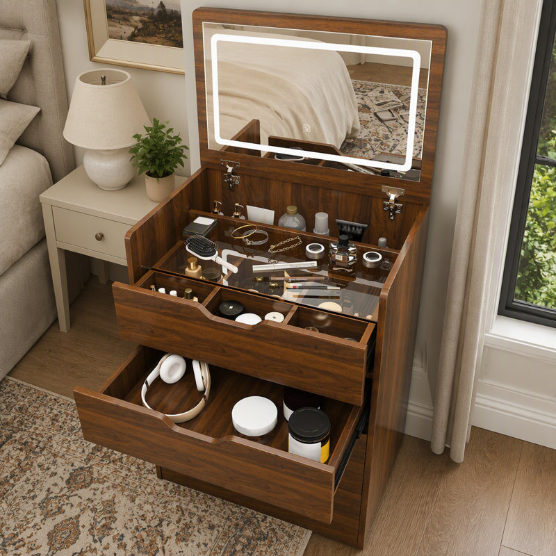 Bureau de coiffeuse 3-en-1 avec miroir éclairé à DEL et tabouret, coiffeuse à maquillage multifonctionnelle avec rangement caché, ensemble de coiffeuse compact pour le vestiaire de la chambre à coucher