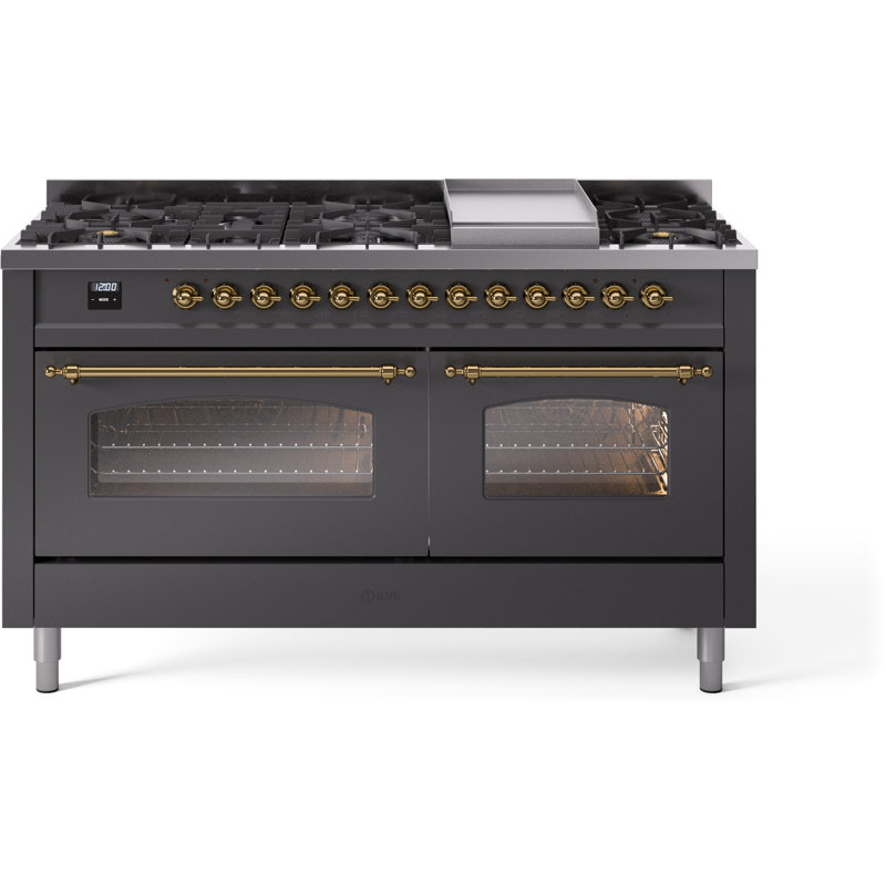 ILVE Nostalgie II Series 60 inch Dual Fuel Range with 9 Sealed Burners, Griddle (Glass Door), Graphite Matte/Brass