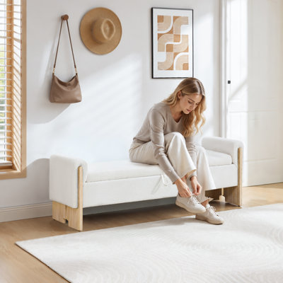 Banc de rangement pour chambre à coucher l 51 po avec pieds brossés en bois massif rétro