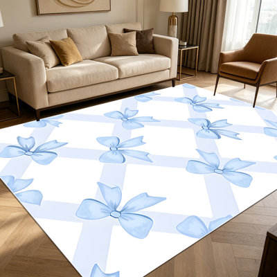 1PC Light Blue Satin Bow Tie Lattice Pattern area rugs for Living Room, Soft and Comfortable, Suitable for all seasons, easy-to-maintain, machine washable Indoor floor mat, Under Table Farmhouse suitable for dining area, bedroom, entryway,