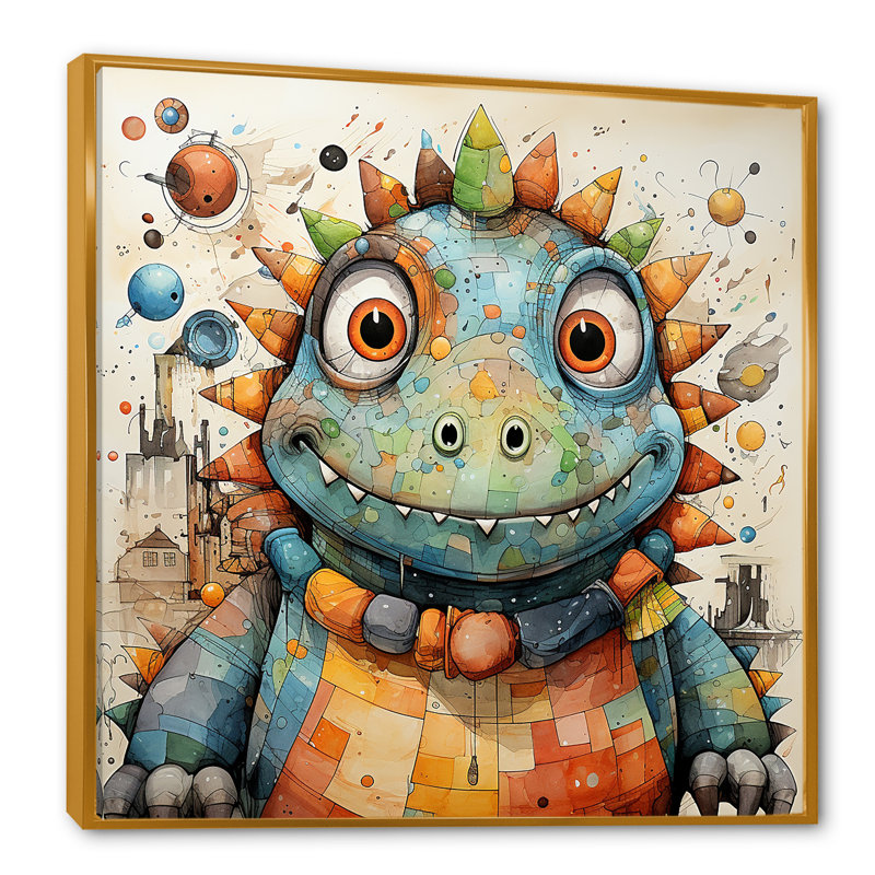 Cubist Dinosaur Nursery I - art de mur de dinosaure, Cadre flottant doré, 36" H x 36" W