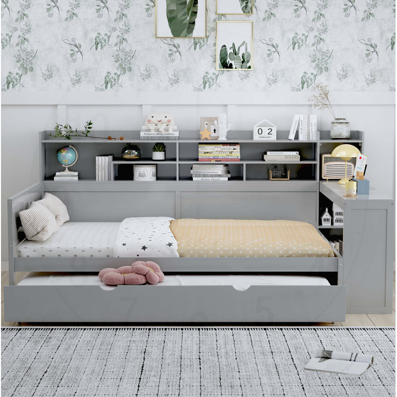 Lit de jour en bois avec tablettes de rangement, lit multifonctionnel avec lit gigogne et bureau , Complet/Double, Gris
