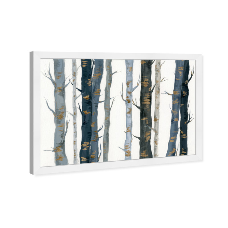 Paysage bleu et blanc et arbres de la nature - peinture encadrée, H 12 po x l 17 po, Cadre blanc