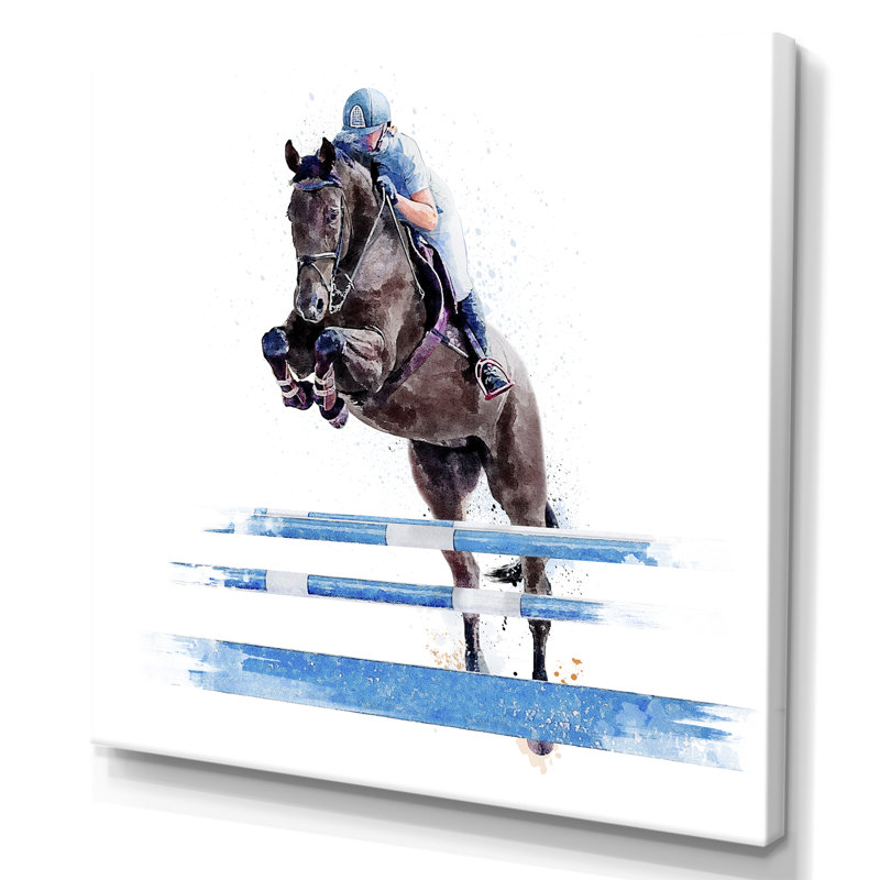 «Jockey» sautant sur un cheval noir - œuvre d'art sur toile, H 16 po x l 16 po x P 1 po, Toile tendue