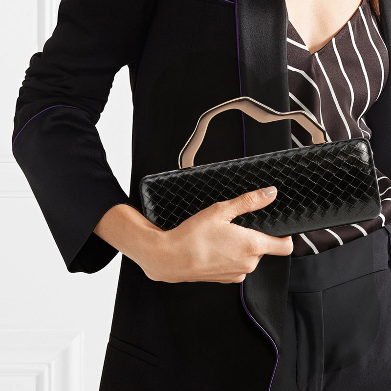 Élégant sac à main en cuir PU tissé, sac à main à motif géométrique, Noir
