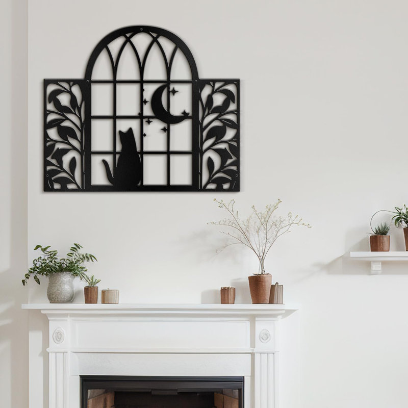 Chat et lune, décoration murale abstraite moderne, décoration murale suspendue, H 15,48 po x l 18 po x P 0,05 po, Noir