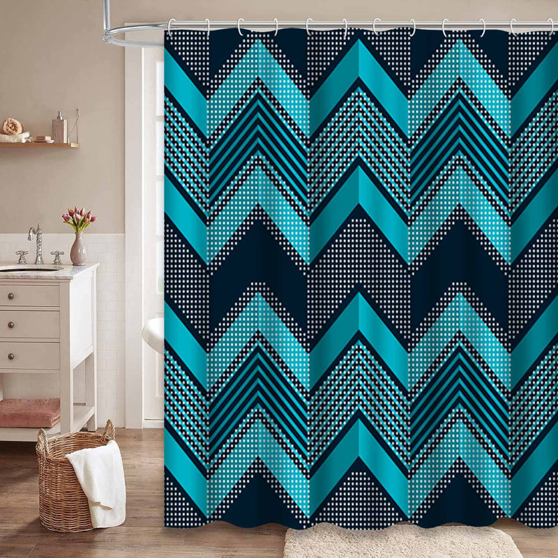 Rideau de douche sans soudure à motif géométrique abstrait en zigzag blanc avec 12 crochets, 72" L x 78" W