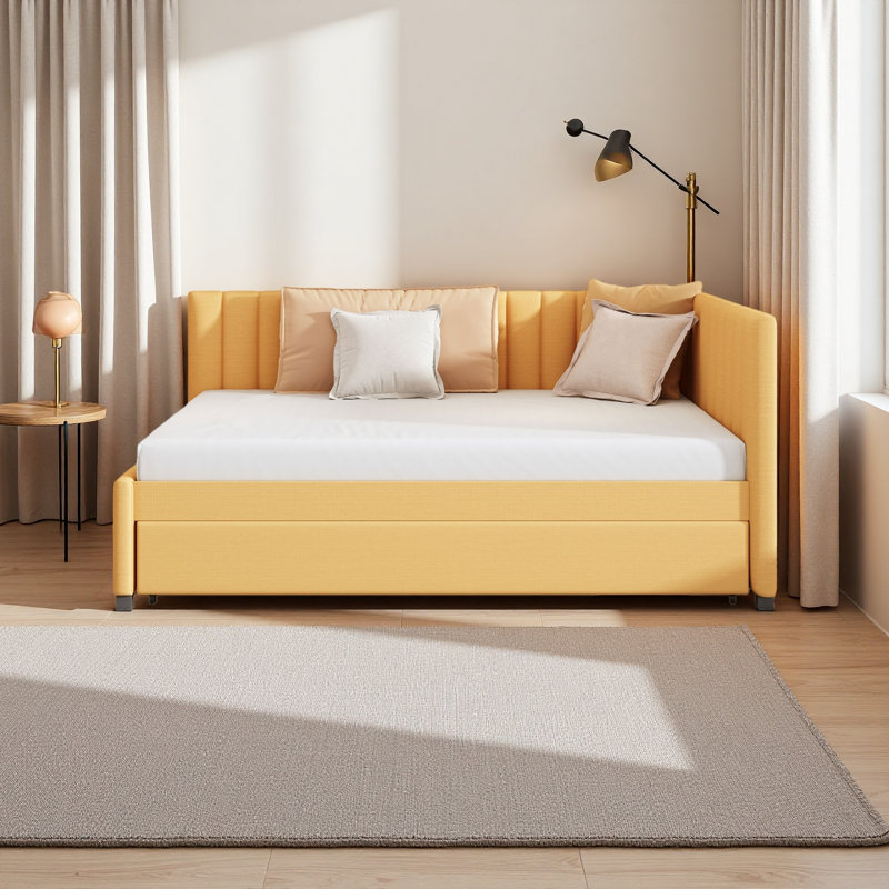 Upholstered Daybed With Sofa Bed Frame No Box Spring Needed, Linen Fabric, Yellow