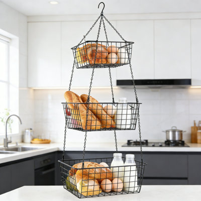 Organisateur de panier de fruits suspendu à 3 niveaux, rangement carré robuste en fil métallique avec crochets de plafond pour cuisine, comptoir, garde-manger et légumes