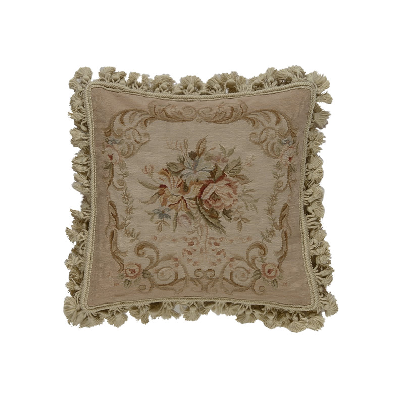 Needlepoint Fringed Reversible Throw Pillow, Brown Floral 1, Square 16"