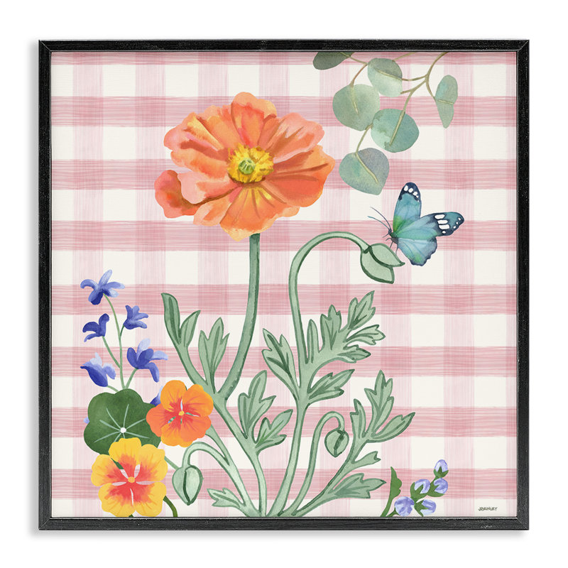 «Gingham Garden Poppy», art de la giclée encadrée par Levison Design, H 12 po x l 12 po, Giclée encadrée noir minuit