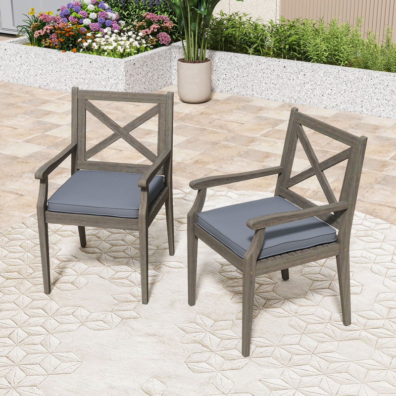 Ensemble de 2 chaises de salle à manger d'extérieur en bois d'acacia avec coussins résistants à l'eau, Gris foncé, Gris