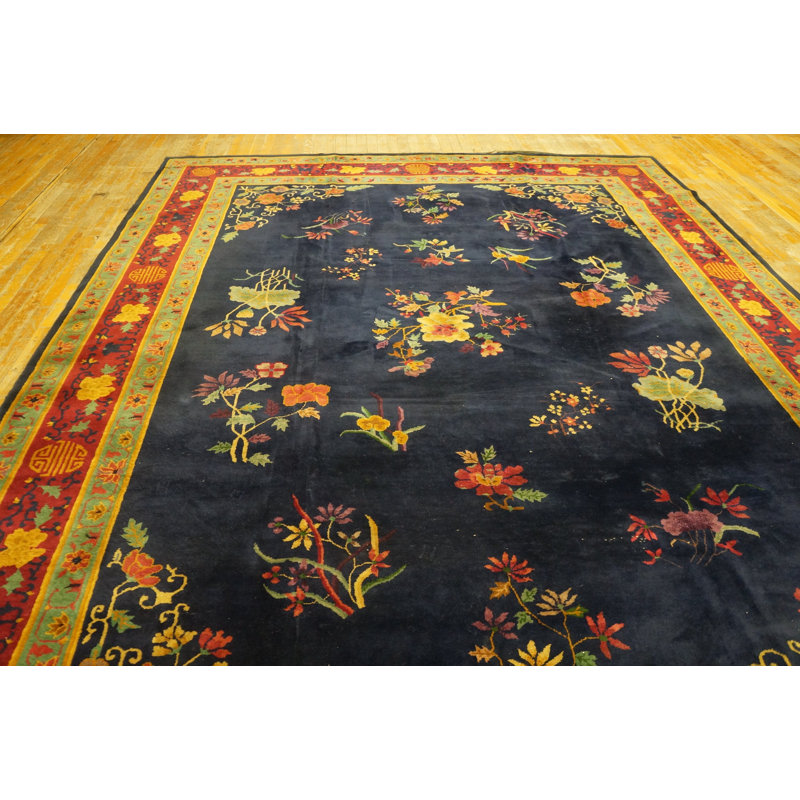 Chinese - Art Deco Rectangle Knotted Antique Wool Room Size Blue 1920s Rug