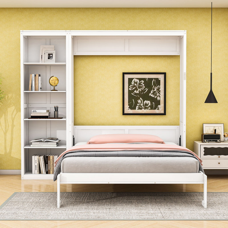 Lit escamotable en bois avec tablettes, conception pliable peu encombrante, Double, Blanc
