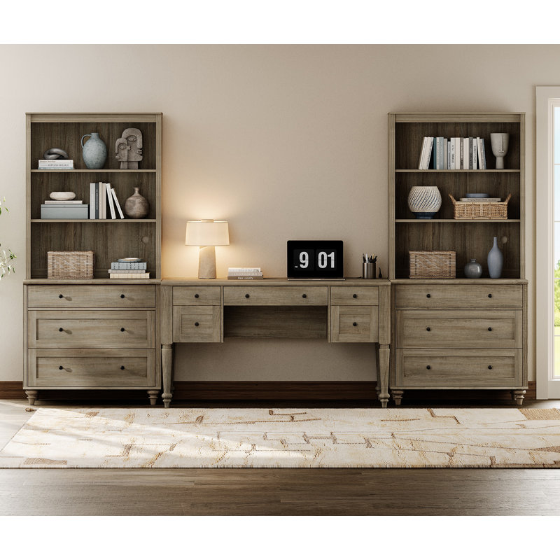 Ensemble de bureau 2 pièces, bureau double 56 po et ensemble de 2 bibliothèques avec tiroirs, chêne, Gris délavé
