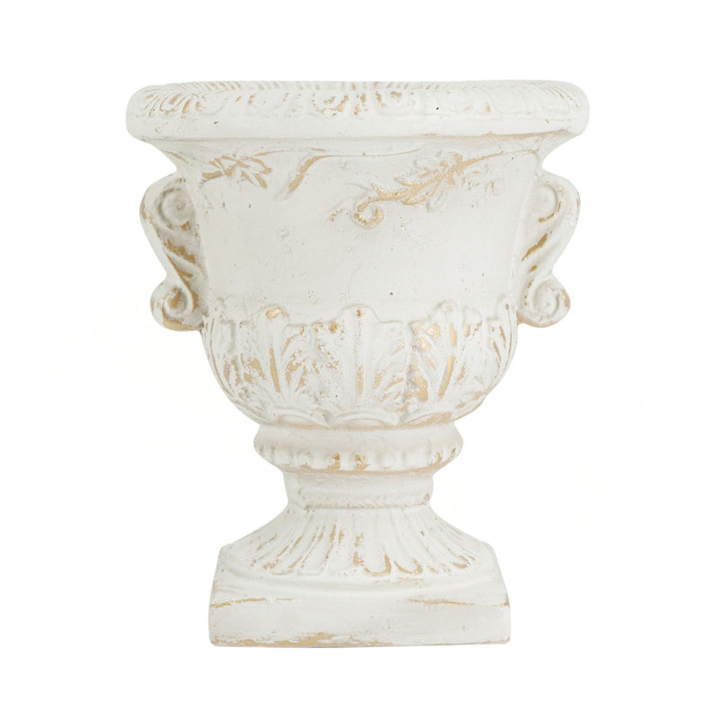 Pot à fleurs 9,4 x 9,4 x 10,6 po avec finition blanche vieillie et accents dorés