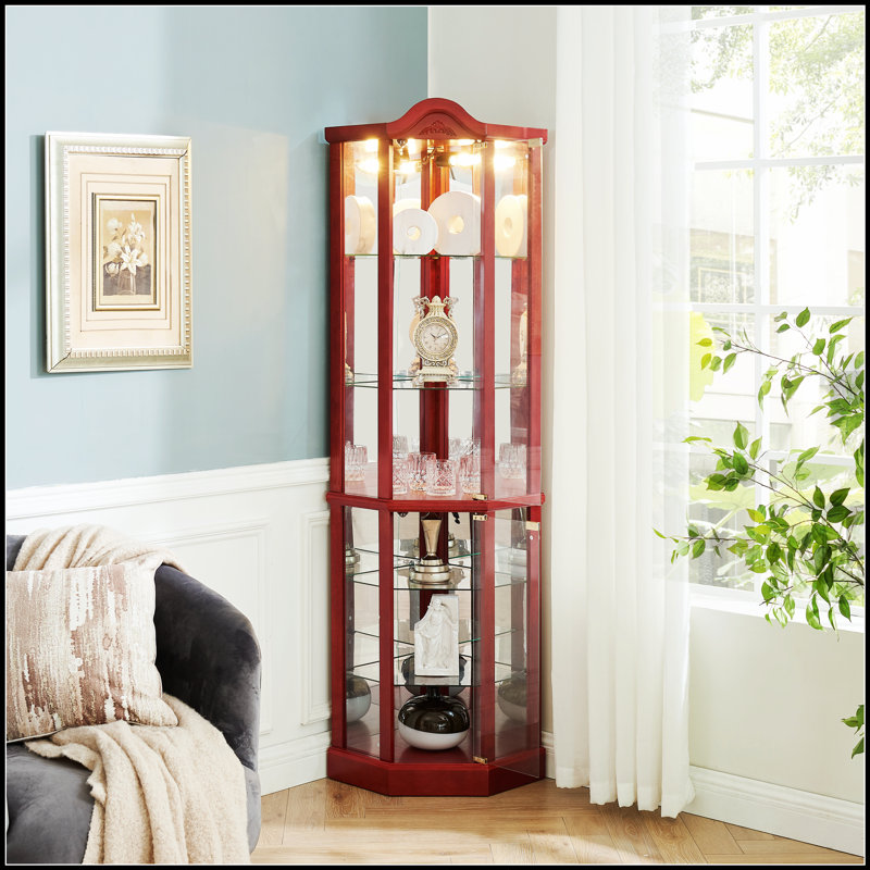 Glass Cabinet Lighted Corner Display Curio, Perfect for Showcasing Collectibles and Maximizing Space in Any Room, Cherry