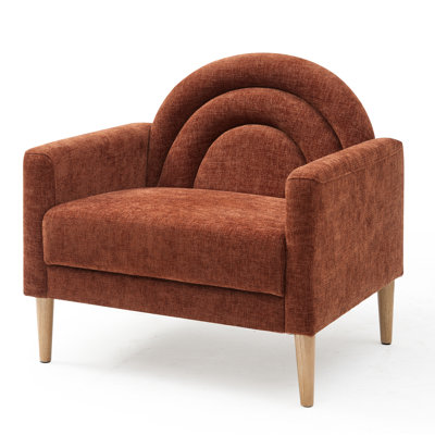 Linen Upholstered Accent Chair with Rainbow-Inspired Backrest and Wood Legs, Ocher