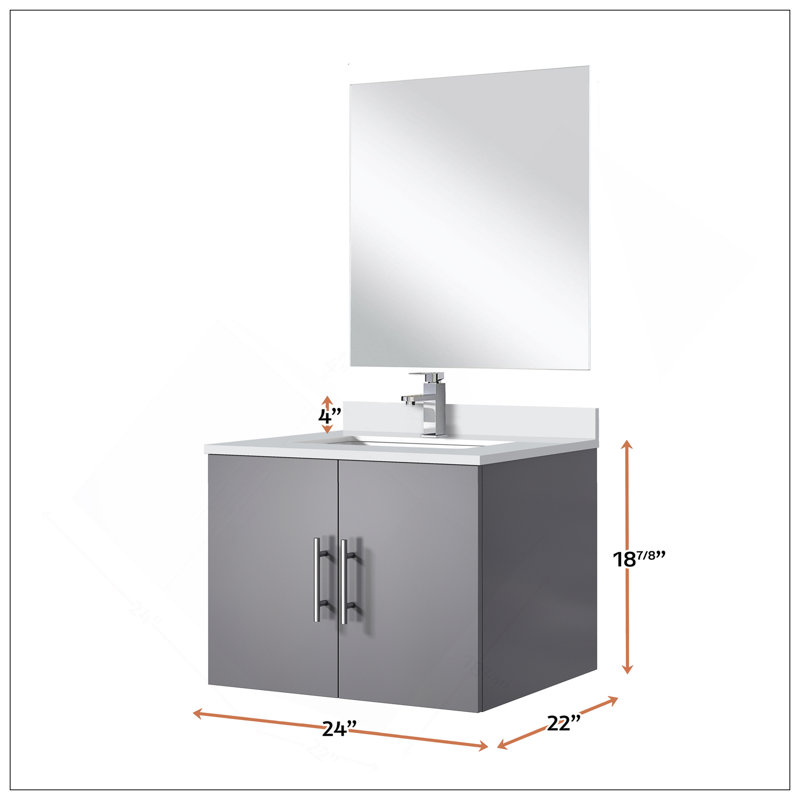 Meuble-lavabo simple élégant 24 po X P 22 po D, comptoir en quartz blanc, 18 po Ensemble miroir et robinet, Gris foncé