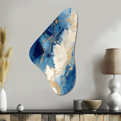 Art mural asymétrique en métal bleu et or en forme de Boomerang