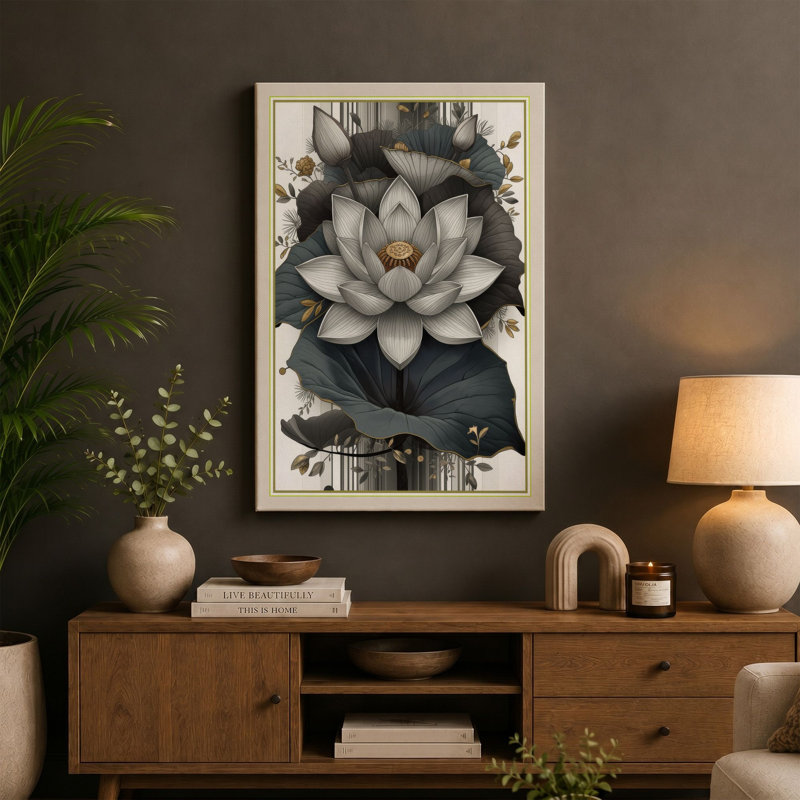 Water Lily Bloom Botanical - Wrapped Canvas, 18x12 - 45.7 x 30.5 cm, Sage Border