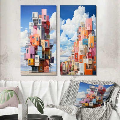 Cubic Condo Tower In Style Of De Stijl - Hotels & Lodges Metal Prints Set Of 2