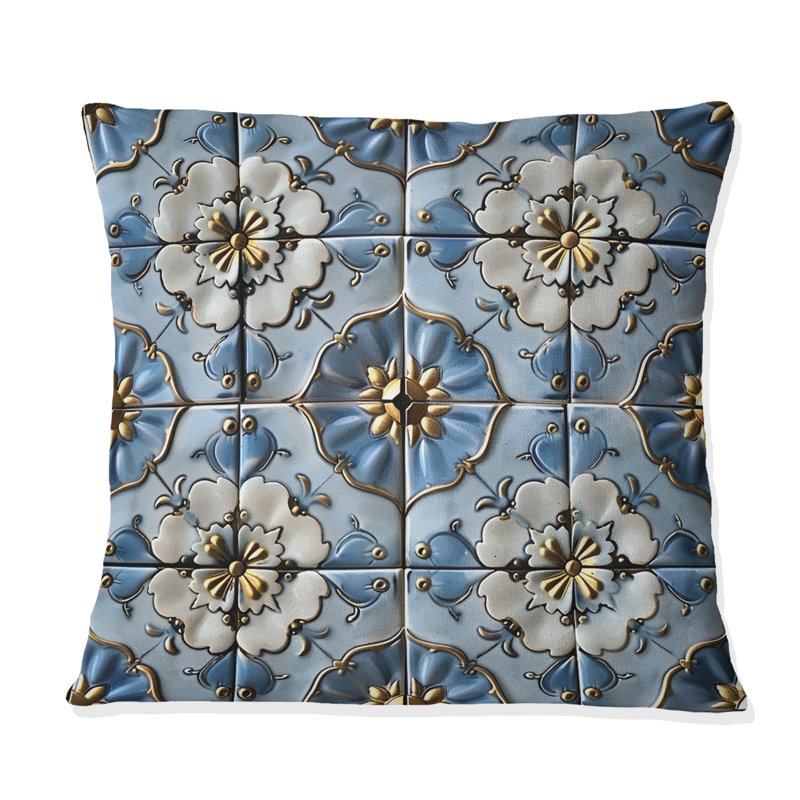 Coussin lombaire à motif floral bleu et doré Vintage, H 16 po x l 16 po, Carrée