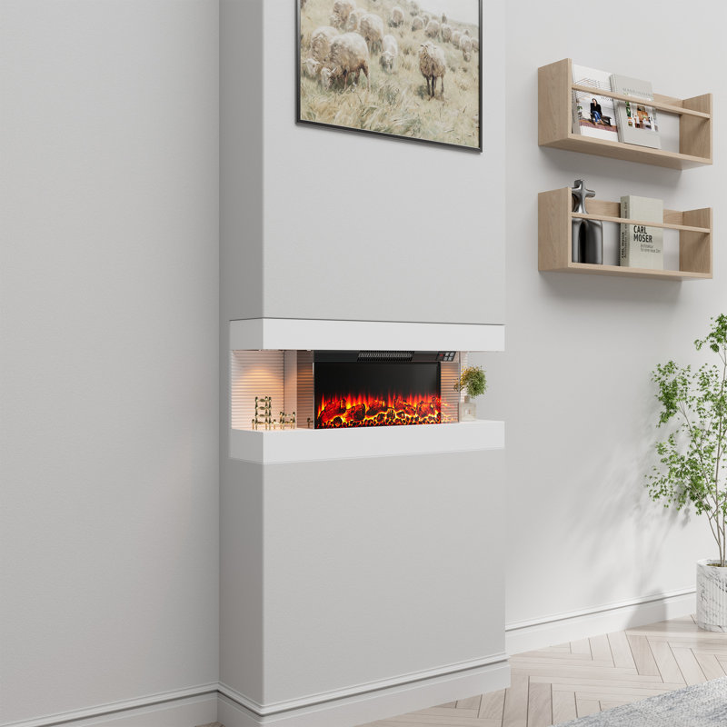 Wall Mounted Led Electric Fireplace With Floating Mantel,Remote Control Adjustable Heat, 16.4" H x 50" W x 4.13" D