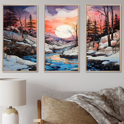 Hiver neige lever de soleil au bord de la rivière - ensemble d'art mural neige