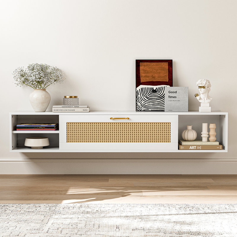  Floating Tv Stand For 75 Inch Tv, Mid Century Modern Center Tv Stand With Rattan Door, Wall Mounted Tv Cabinet For Living Room, White
