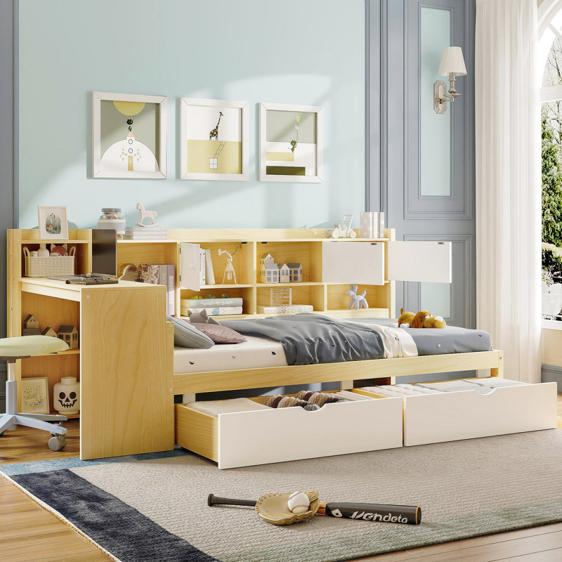 Wooden L-Shape Daybed With Seven Storage Cabinets And Two Storage Drawers, Multi-Functional Bed With Study Desk And Built-In Bookshelf