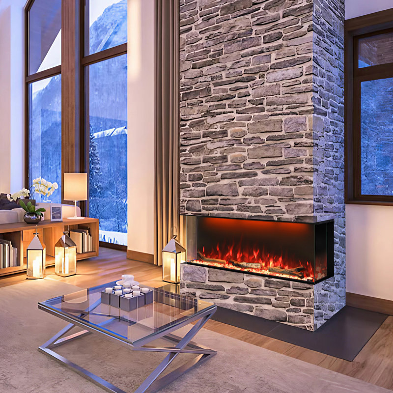 Modern Smart Wifi 3 Sided Electric Fireplace Insert, Built In Wall Mounted Heater With Timer Thermostat, Muiti Flame Fuel Bed Colors And Top Lights, Adjustable Sound Volume, Logs And Crystals