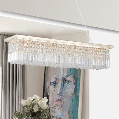 Modern Crystal Chandelier for Dining Room 8-Light Gold Rectangle Raindrop Chandelier Contemporary Rectangular Pendant Light Fixture for Kitchen Island Bar L39.4'' x W9.8'' x H8.7'
