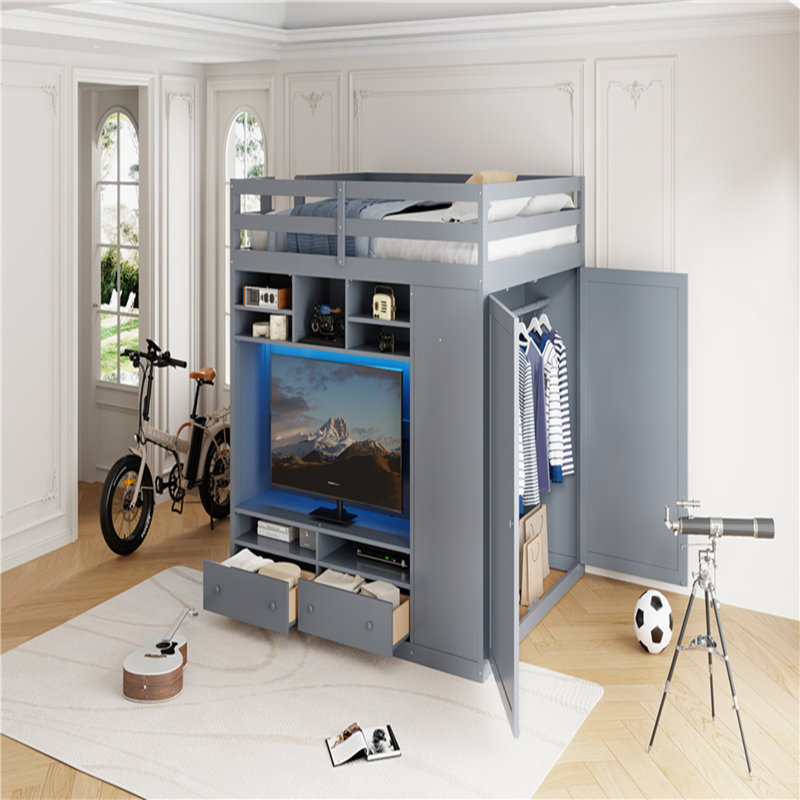 Lit mezzanine double avec tiroirs, tablettes et éclairage à DEL pour une efficacité maximale de l'espace, gris