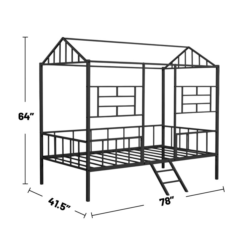 Metal Twin-Size Low Loft Bed With House Design, Black