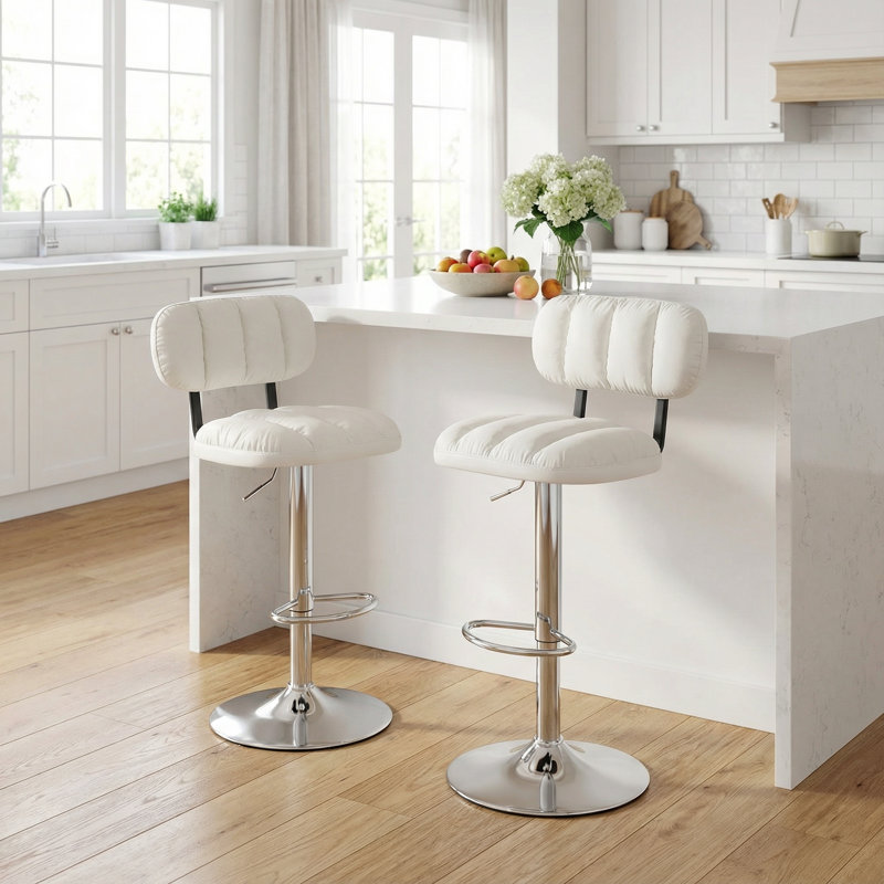 Ensemble de deux tabourets de bar modernes à hauteur réglable avec revêtement en similicuir et base chromée avec repose-pieds intégré pour îlots de cuisine et bars résidentiels