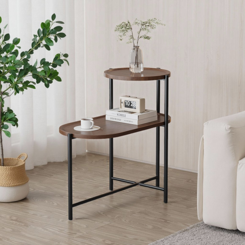Petites tables basses Canapé moderne à 2 niveaux avec tablette de rangement et tables de bout en bois, Noyer brun