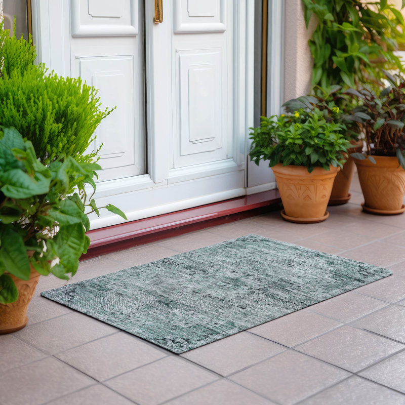 Machine Washable Indoor/Outdoor Xhevrie Teal Rug, Rectangle 1'8" x 2'6"