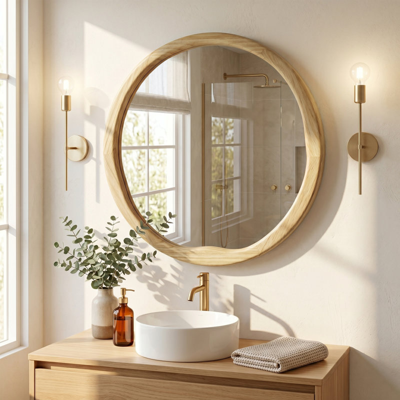Round Solid Wood Wall Mirror, 30" x 30", Natural Wood