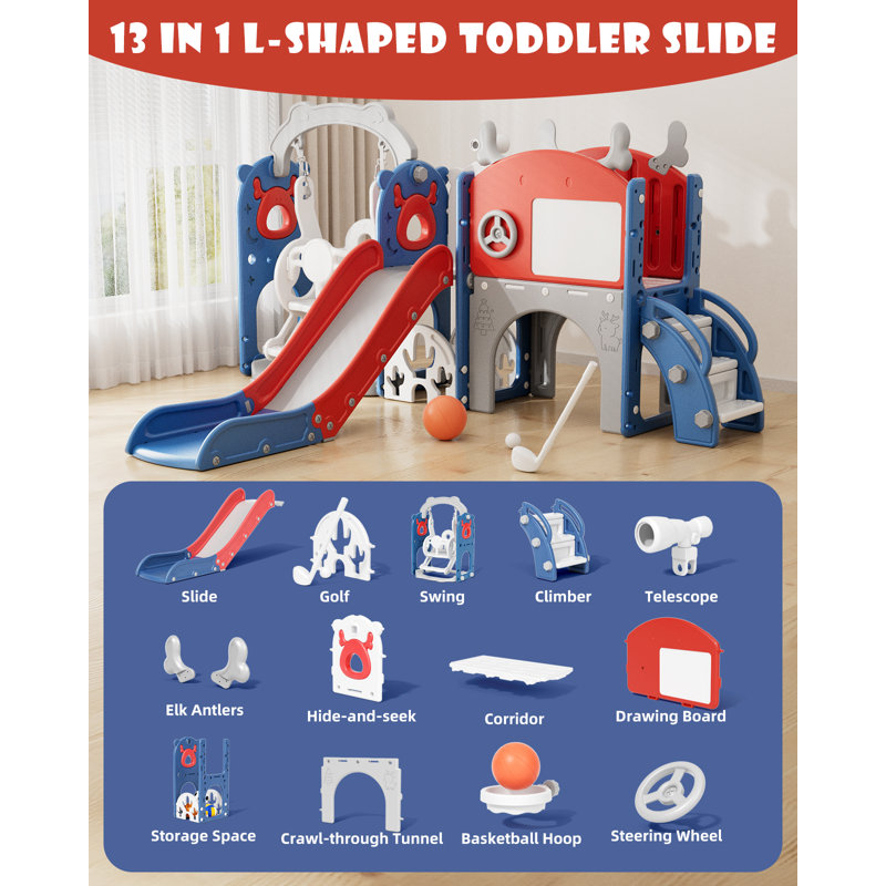 13 In 1 Kids Slide For Toddlers, Toddler Slide Playset With Swing, Golf, Drawing Board, Basketball Hoop And Storage Space