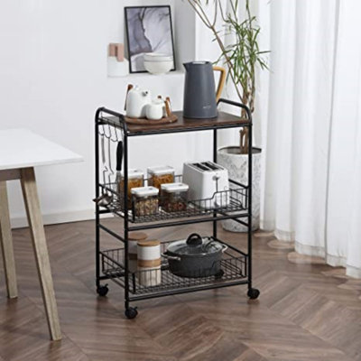 24"" 3-Tier Rolling Kitchen Cart, Utility Storage Trolley With 2 Basket Drawers, Side Hooks For Dining Room, Walnut Wood Tone -  HomCom, 801-225V80