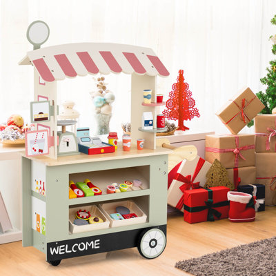 Kids Snacks & Sweets Food Cart Kids Toy Cart Play Set with 30 PCS Accessories Gray