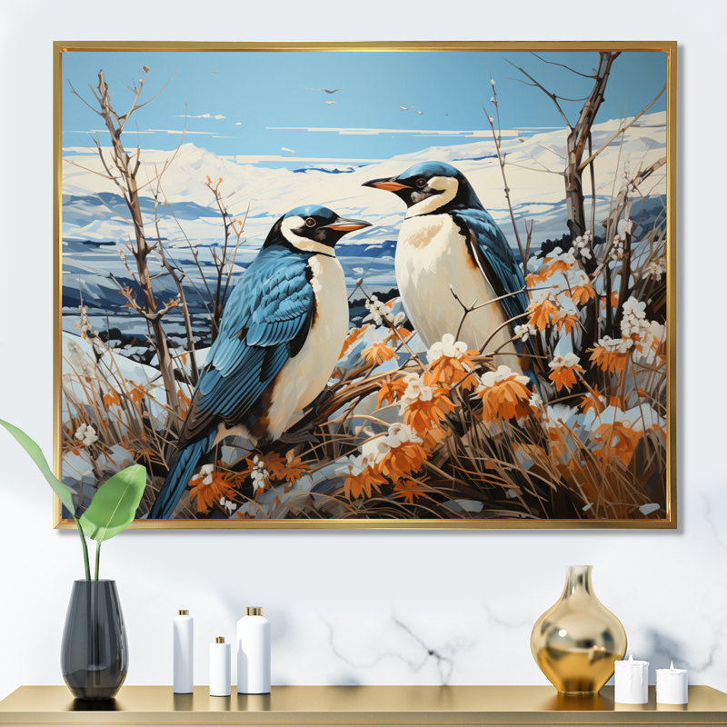 «Penguins Journey Pastoral I», reproduction sur toile, Cadre flottant doré, H 24 po x l 32 po x P 1 po