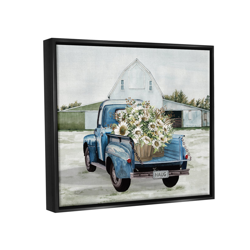 «Sunflower Truck at Farm» par Cindy Jacobs - impression, H 25 po x l 31 po x P 1,7 po, Cadre flottant noir de jais