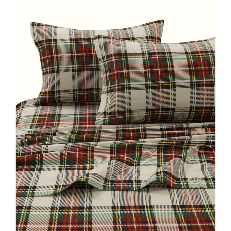 Cozy Flannel Plaid Sheet Set, King Sheet Set + Fitted Sheet + 2 Pillowcases