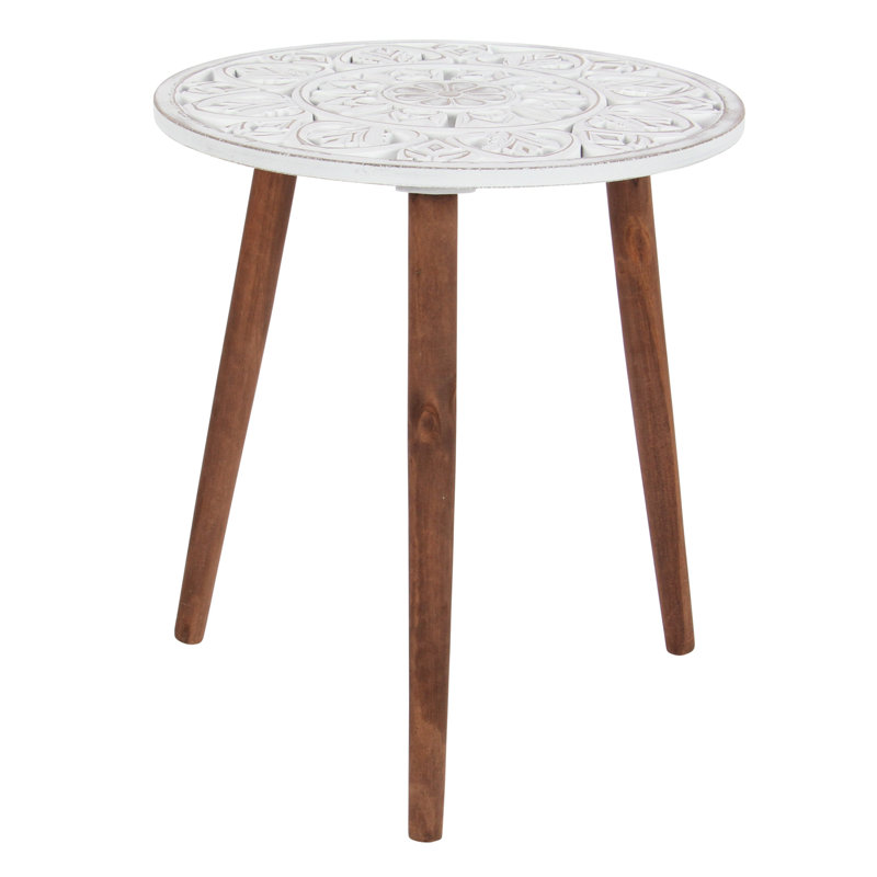 Aiden Wood Handmade Intricately Carved Floral Side End White Accent Table with 3 Slender Legs