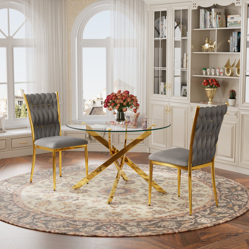 Glass Round Dining Table Set with Luxury Velvet Upholstered Dining Chairs, 3 Pieces: Table, 2 Chairs, Gray