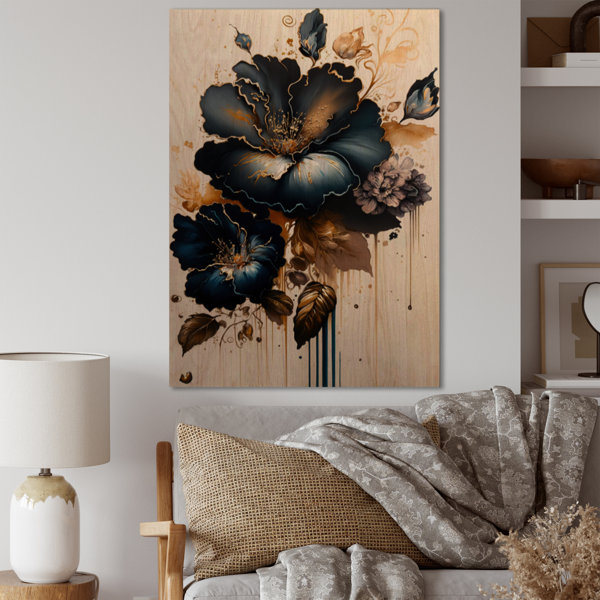 Willa Arlo Interiors Dark Blue And Gold Hibiscus I On Wood Print | Wayfair