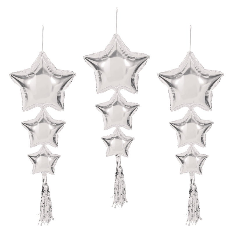 Étoiles ballons avec pampilles - 3 pi 9 po - paquet de 6, Argent