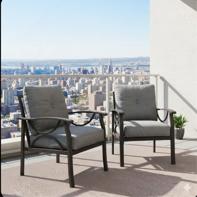 Ensemble de 2 fauteuils en métal toutes saisons, structure kaki avec coussins gris